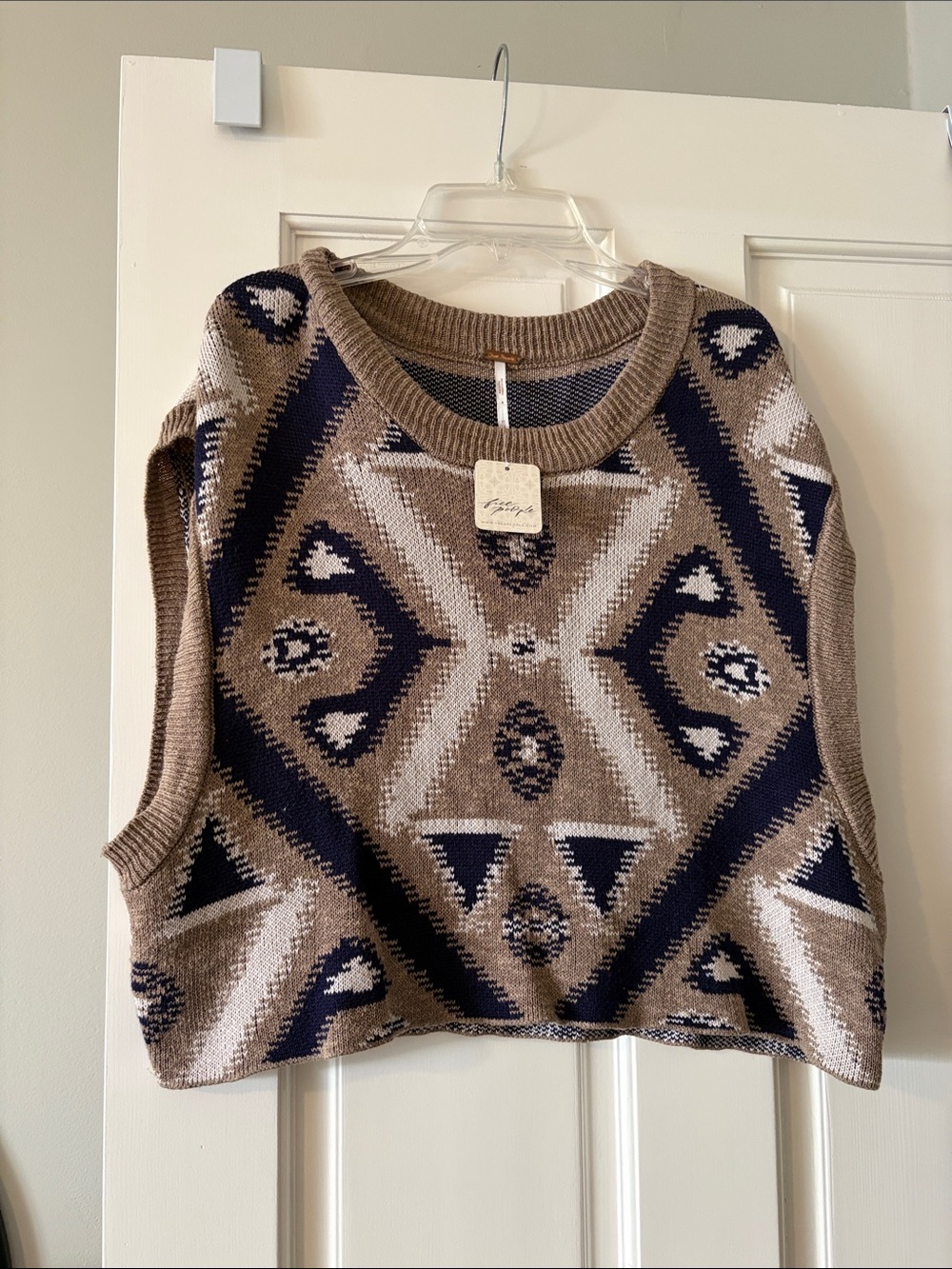 Free People Striped Knit Sweater Vest in Tan, Navy & Cream